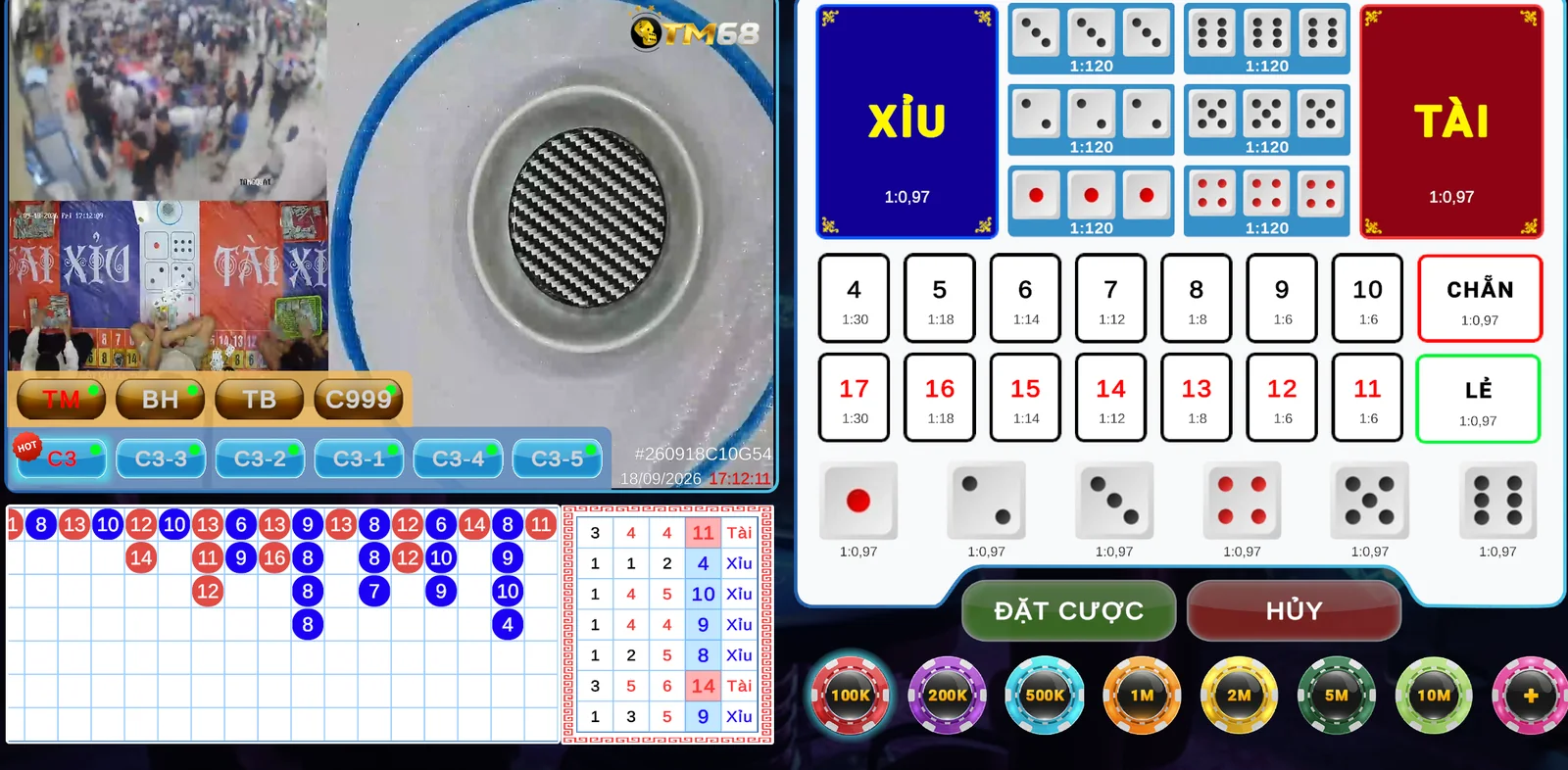 Giao diện bàn Tài Xỉu trực tiếp tại sới TM68