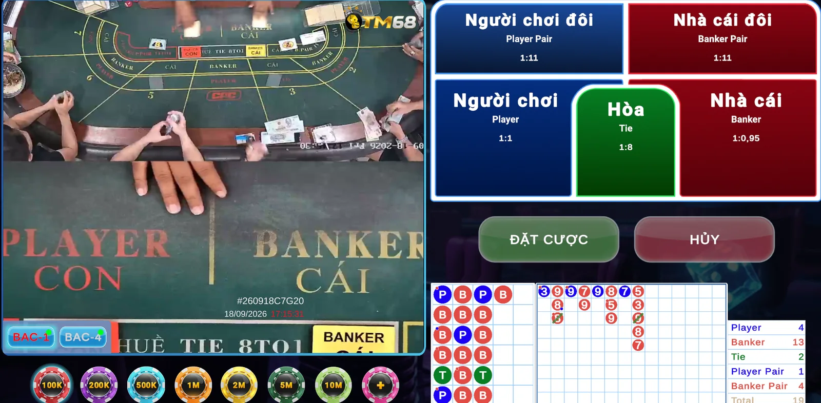 Giao diện Baccarat trực tiếp với người chia bài và bảng kết quả